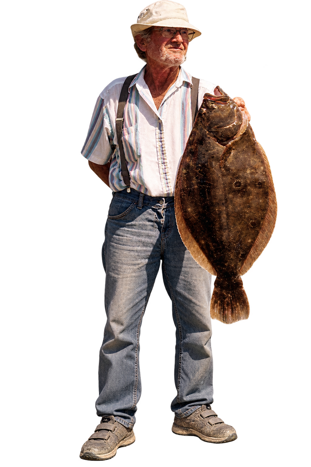 Joe in a sun hat and glasses, holding a large flounder beside him